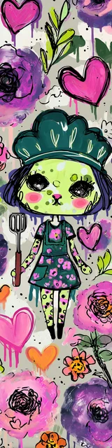 Free kawaii cats bookmark featuring a cat wearing a green chef hat and holding a spatula